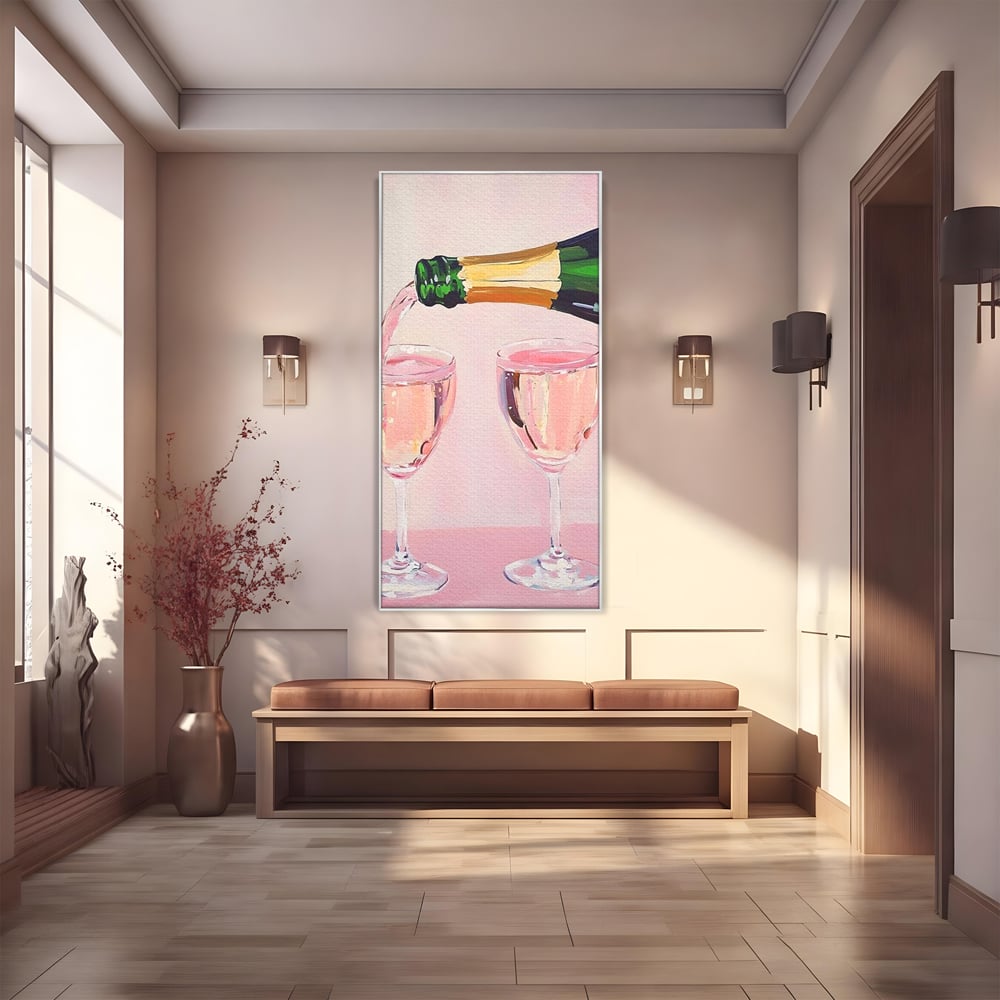 Tablou canvas cu pictura cu sticla si pahare de sampanie roz, in rama de aluminiu argintiu